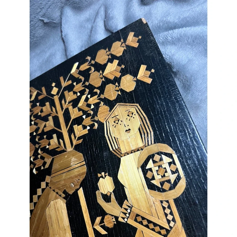 USSR 1979 Straw Marquetry Folk Art Wall Plaque Black Lacquer Harvest Decor Panel